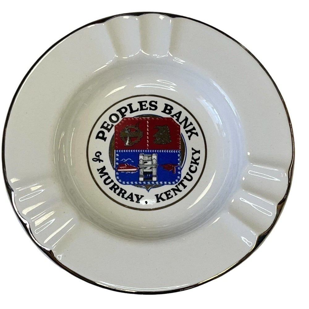 Peoples Bank Of Murray Ashtray Kentucky White Gold Trim Vintage Shield Crest